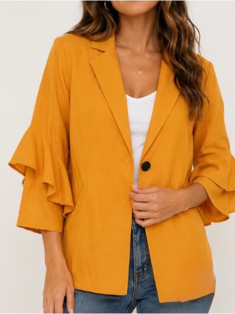 Jealous Tomato Mustard Ruffle Sleeve Blazer